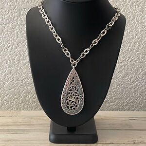 Lois Hill Sterling Silver Large Teardrop Filigree Pendant Necklace 18”